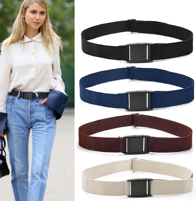 Women wearing jeans with a buckle-free invisible stretch belt