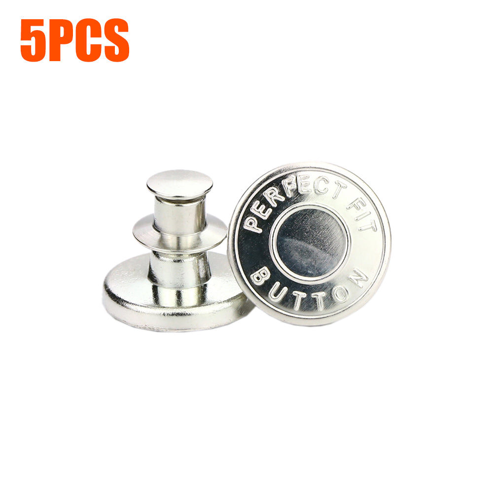 Silver no-sew adjustable jeans buttons with removable fasteners, 5-piece set