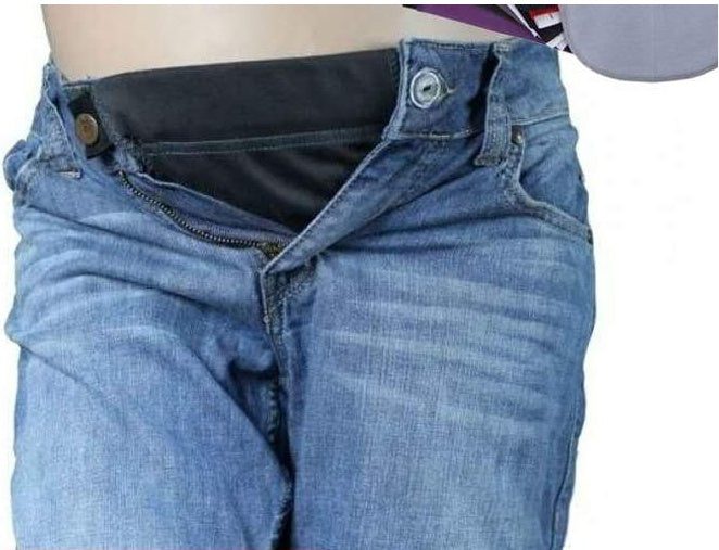 Blue no-sew adjustable waistband extender fitted to jeans
