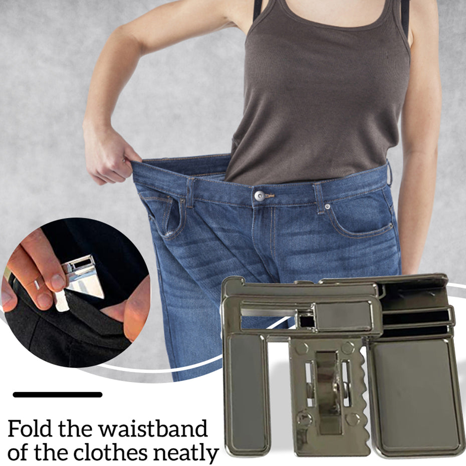 Woman demonstrating a no-sew waistband tightening clip on loose jeans
