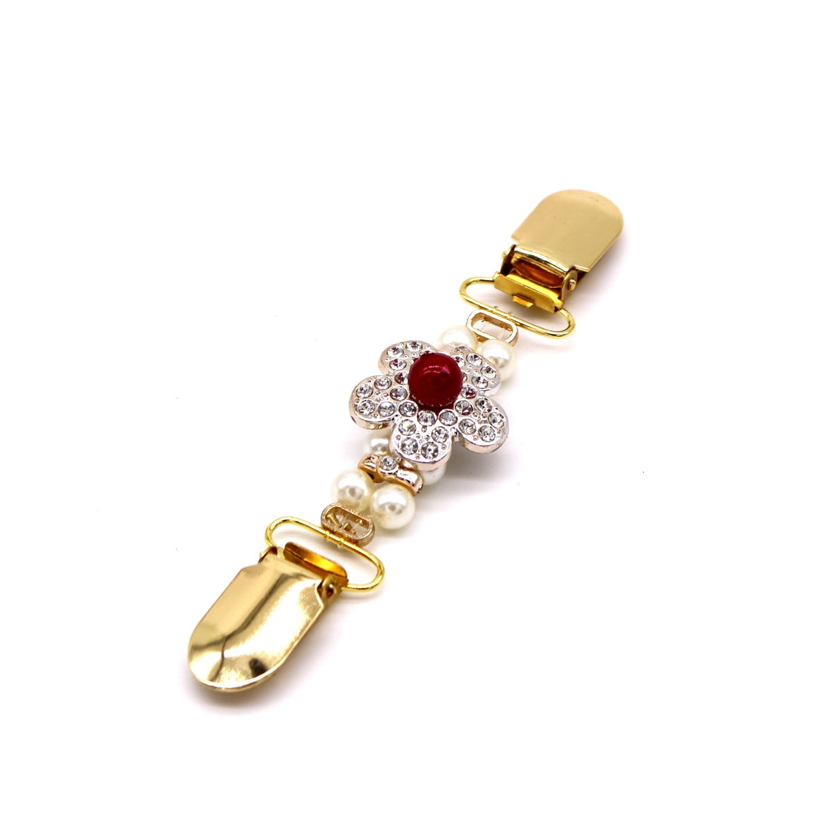 Gold cardigan cinch clip with crystal flower and red accent