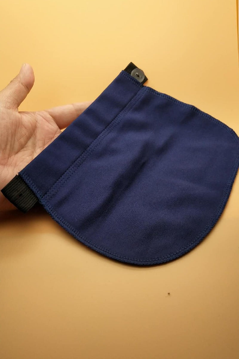 Blue no-sew pants waistband extender with fabric panel