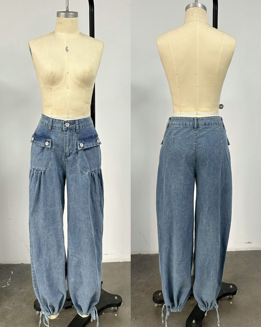 Front and back views of light blue relaxed denim jeans