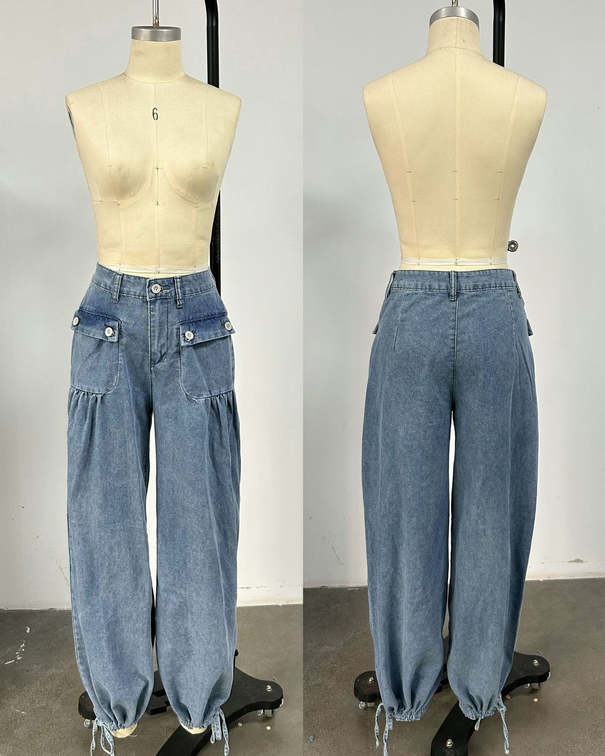 Front and back views of light blue relaxed denim jeans