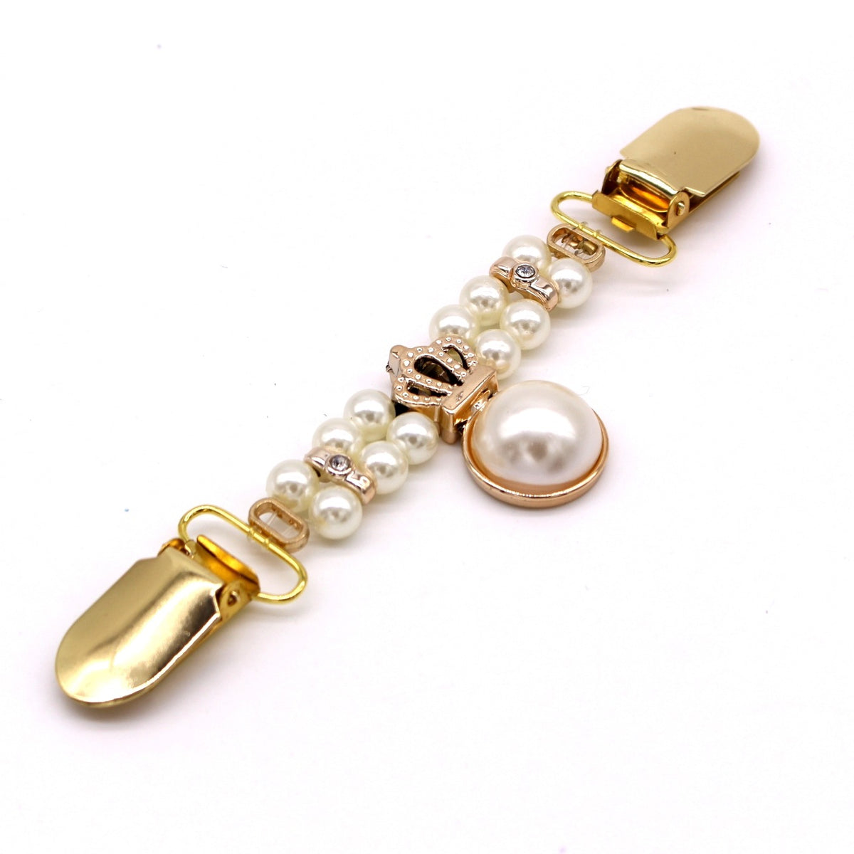 Gold cardigan cinch clip with pearl chain and round charm